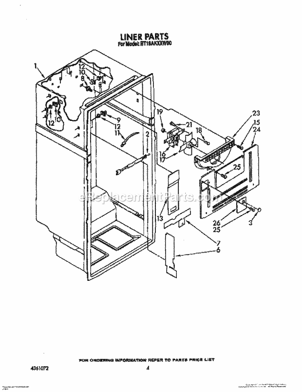 Roper RT18AKXXW00 Top Freezer Refrigerator Liner Diagram