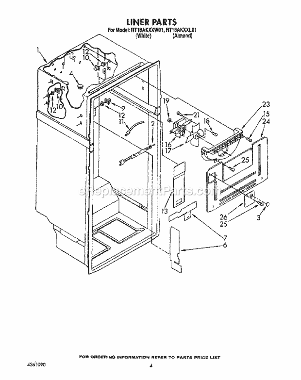 Roper RT18AKXXW01 Top Freezer Refrigerator Liner Diagram