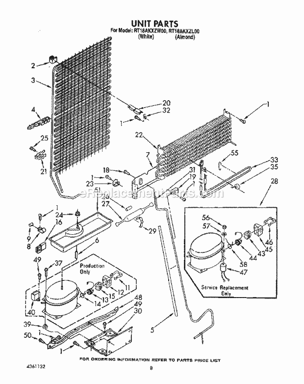 Roper RT18AKXZW00 Top Freezer Refrigerator Unit Diagram