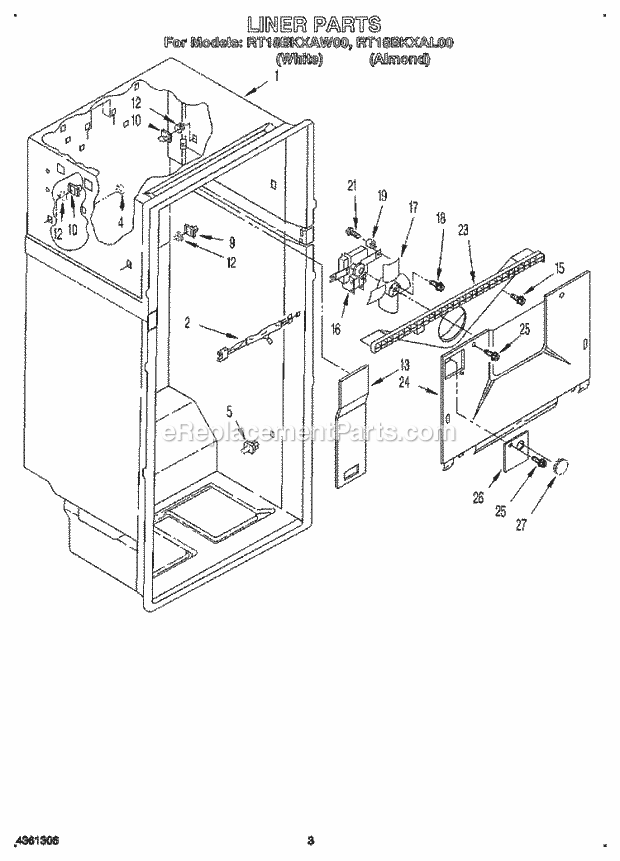 Roper RT18BKXAW00 Top Freezer Refrigerators Liner Diagram