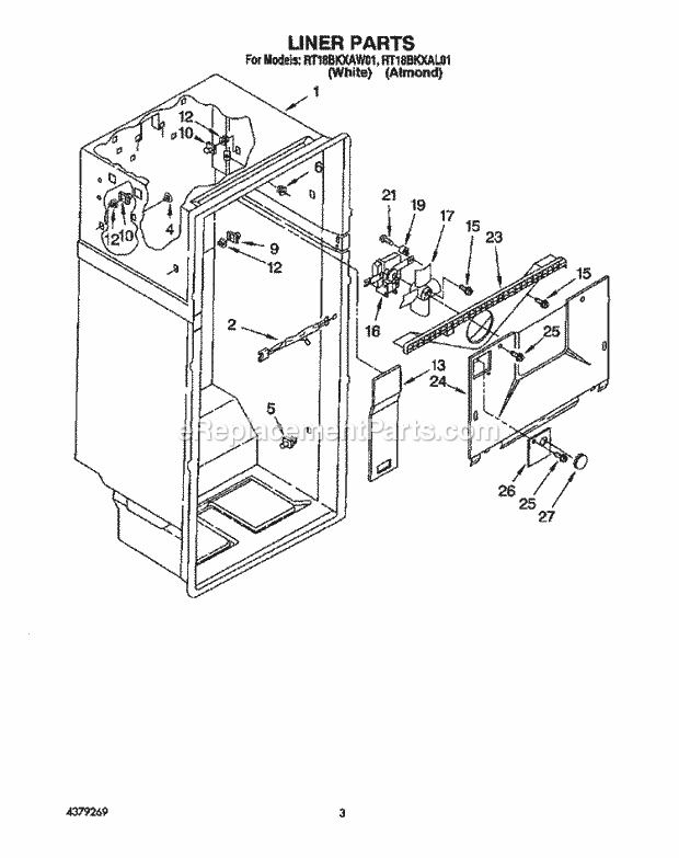 Roper RT18BKXAW01 Top Freezer Refrigerator Liner Diagram