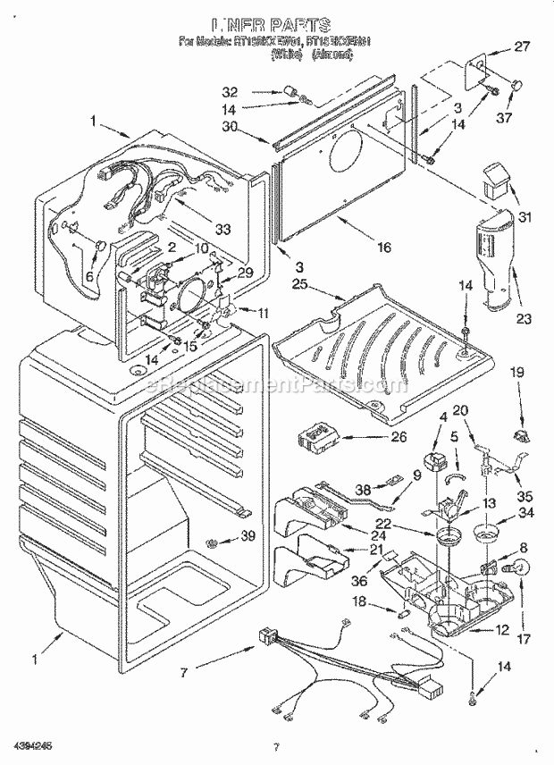 Roper RT18BKXEN01 Top Freezer Refrigerator Liner Diagram