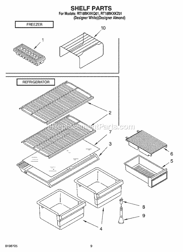 Roper RT18BKXKQ01 Top Freezer Top-Mount Refrigerator Shelf Parts, Optional Parts Diagram