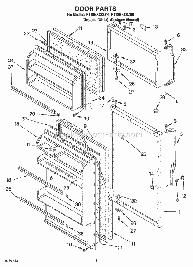 Roper RT18BKXKZ00 Top Freezer Refrigerator Door Diagram