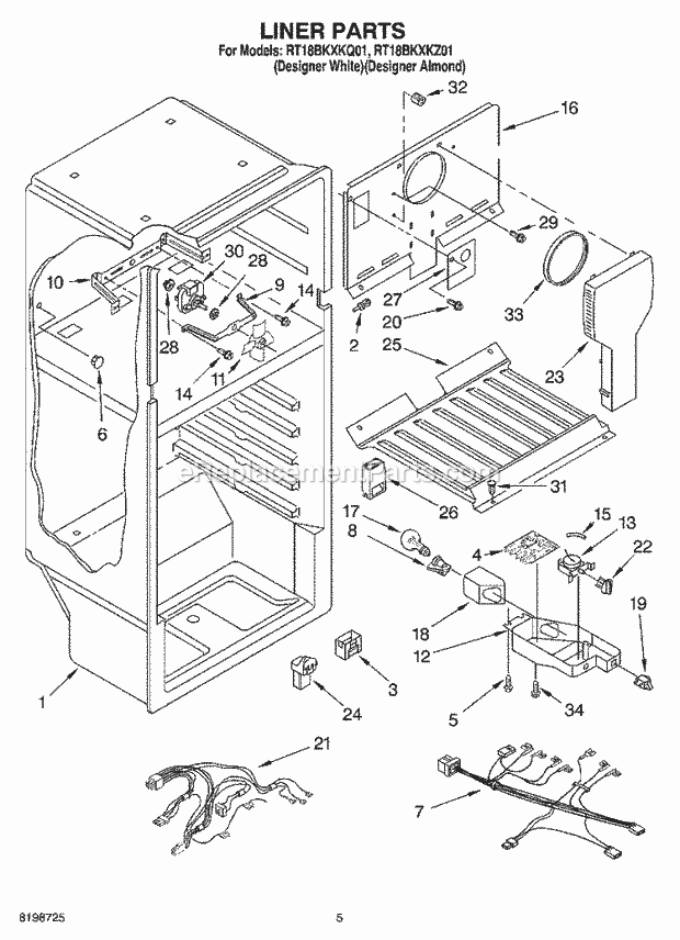 Roper RT18BKXKZ01 Top Freezer Top-Mount Refrigerator Liner Parts Diagram