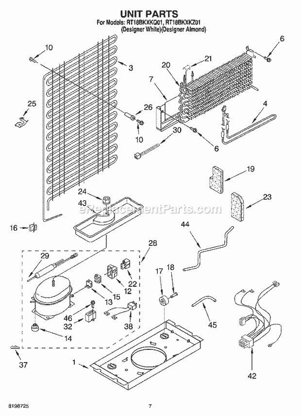 Roper RT18BKXKZ01 Top Freezer Top-Mount Refrigerator Unit Parts Diagram