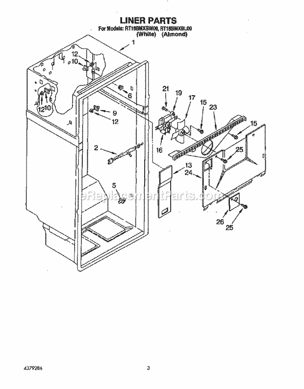 Roper RT18BMXBL00 Top Freezer Refrigerator Liner Diagram