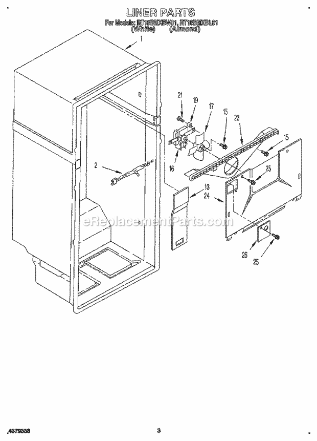 Roper RT18BMXBL01 Top Freezer Refrigerator Liner Diagram