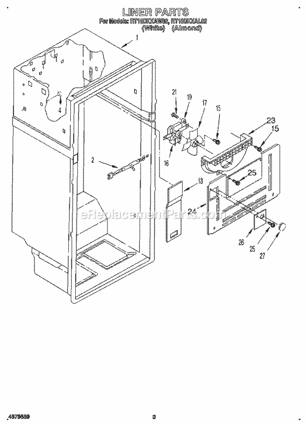 Roper RT18DKXAW02 Top Freezer Refrigerator Liner Diagram