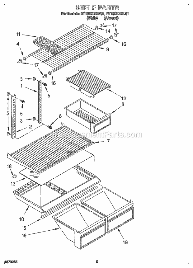 Roper RT18DKXBL01 Top Freezer Refrigerator Shelf Diagram