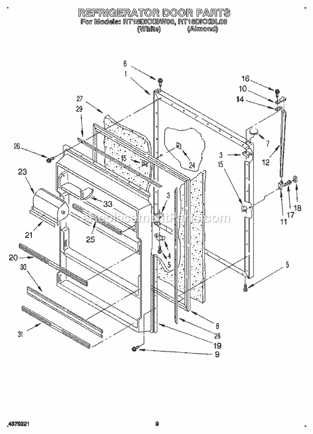 Roper RT18DKXBW00 Top Freezer Refrigerators* Refrigerator Door, Lit/Optional Diagram