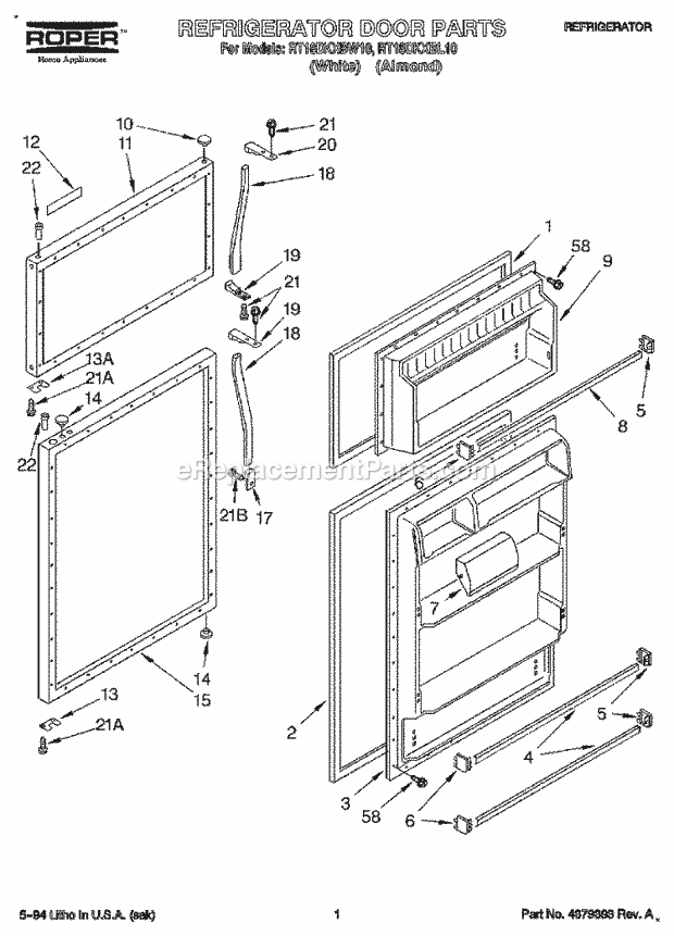 Roper RT18DKXBW10 Top Freezer Refrigerator Refrigerator Door Diagram