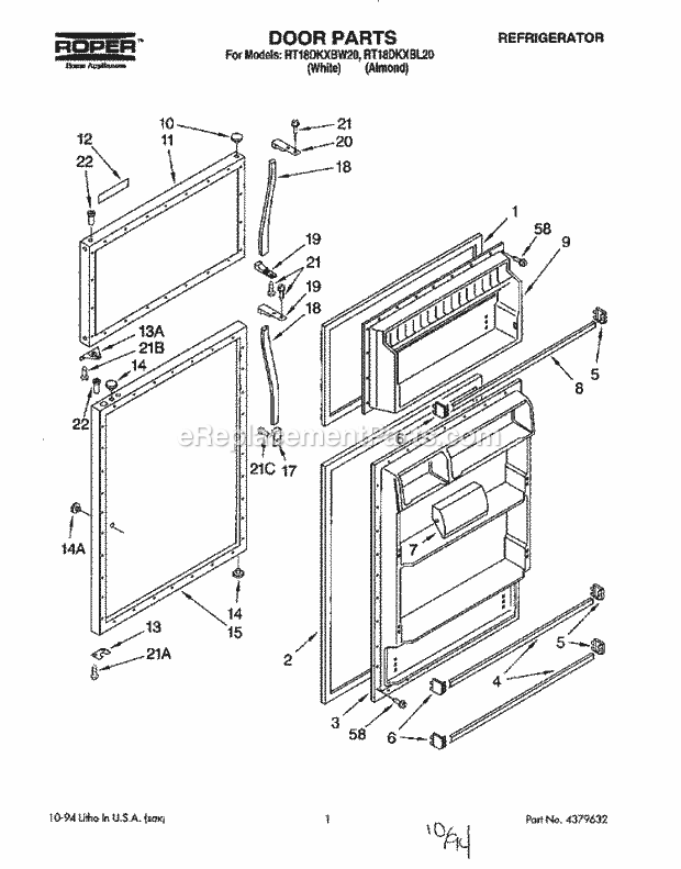 Roper RT18DKXBW20 Top Freezer Refrigerator Door Diagram