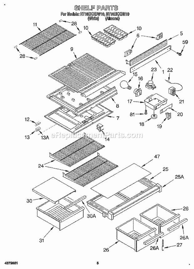 Roper RT18DKXDW10 Top Freezer Refrigerator Shelf Diagram