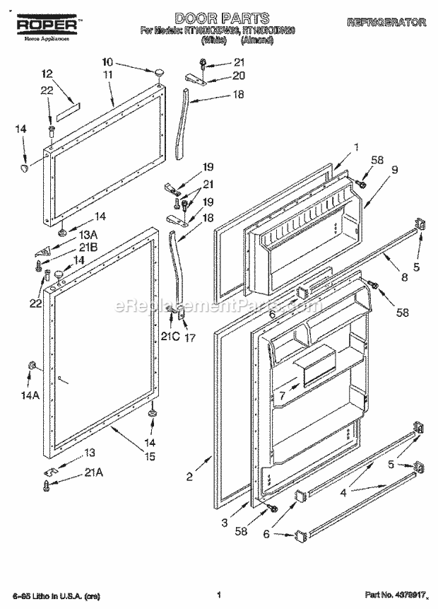 Roper RT18DKXDW20 Top Freezer Top Mount Refrigerator Door Diagram