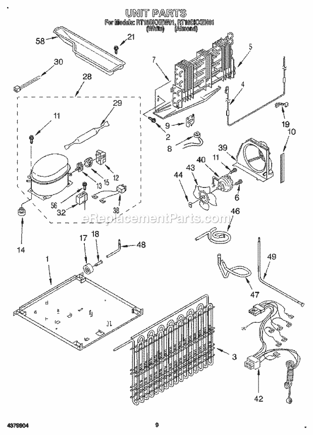 Roper RT18DKXEN01 Top Freezer Top Mount Refrigerator Unit, Lit/Optional Diagram