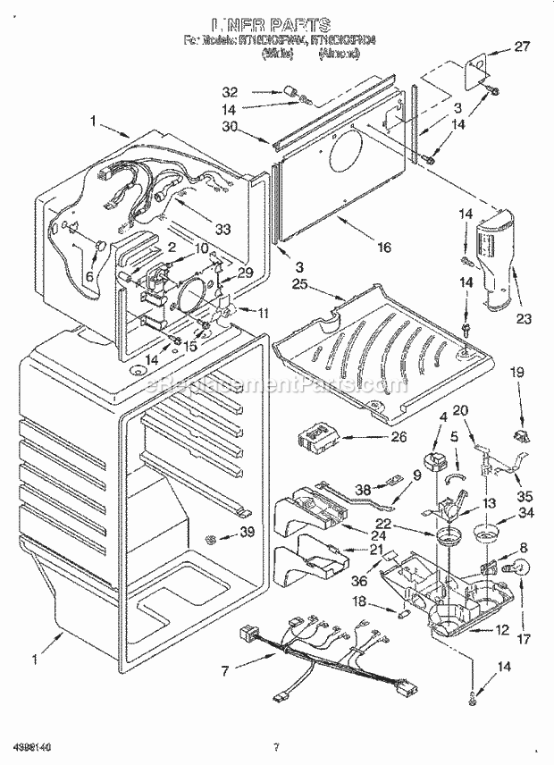 Roper RT18DKXFN04 Top Freezer Refrigerator Liner Diagram