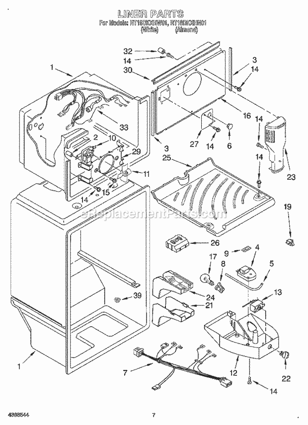 Roper RT18DKXHN01 Top Freezer Refrigerator Liner Diagram