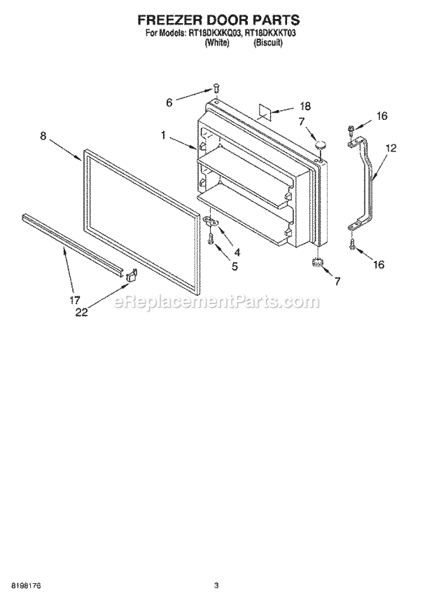 Roper RT18DKXKQ03 Top Freezer Top-Mount Refrigerator Freezer Door Diagram