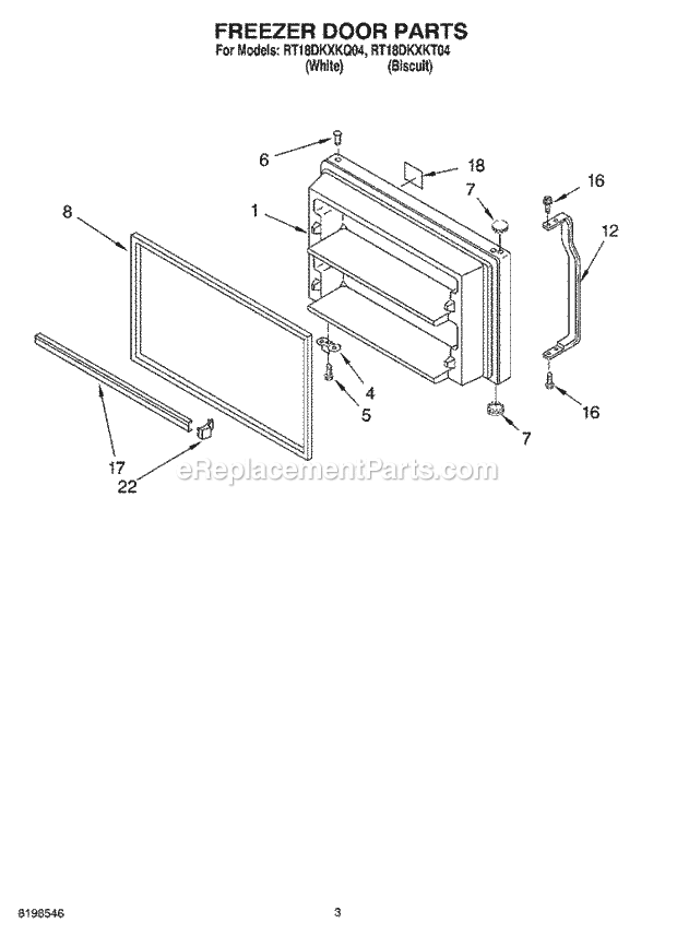 Roper RT18DKXKQ04 Top Freezer Top-Mount Refrigerator Freezer Door Parts Diagram