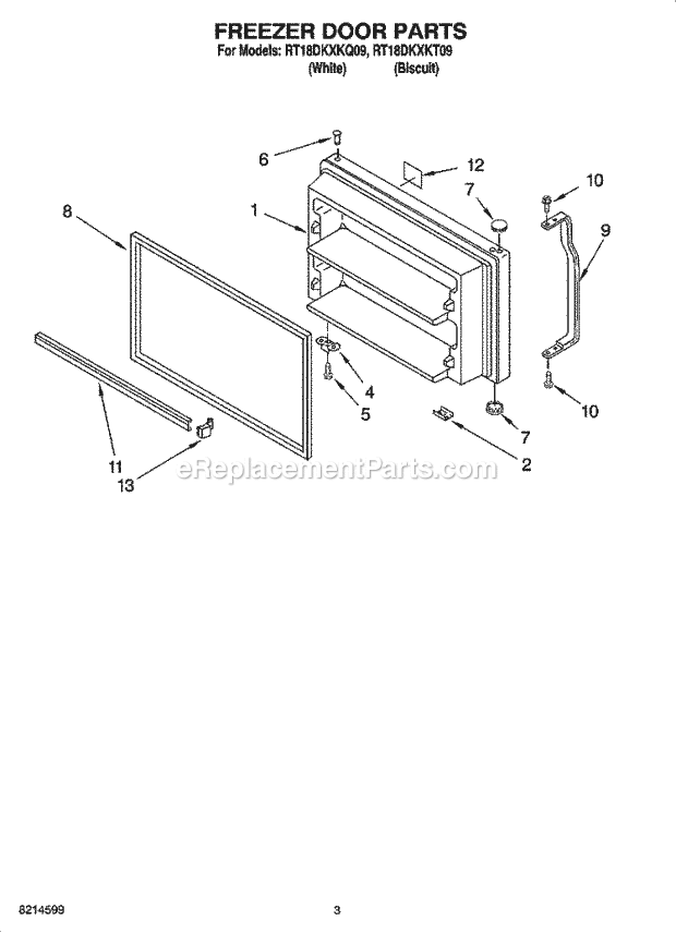 Roper RT18DKXKQ09 Top Freezer Top-Mount Refrigerator Freezer Door Parts Diagram