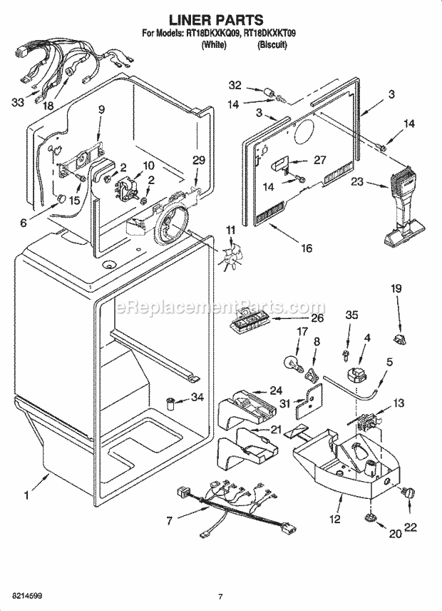 Roper RT18DKXKQ09 Top Freezer Top-Mount Refrigerator Liner Parts Diagram