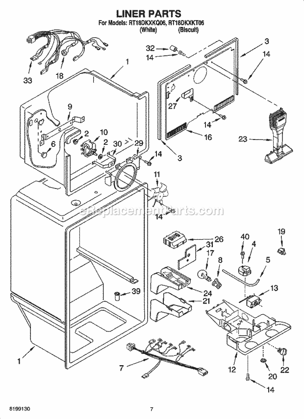 Roper RT18DKXKT06 Top Freezer Top-Mount Refrigerator Liner Parts Diagram