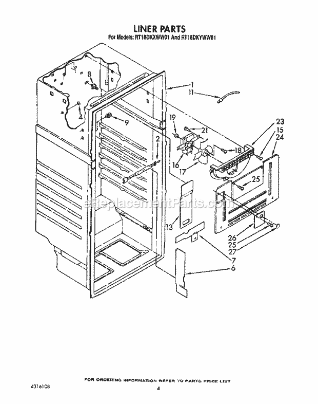 Roper RT18DKXWW01 Top Freezer Refrigerators* Liner Diagram