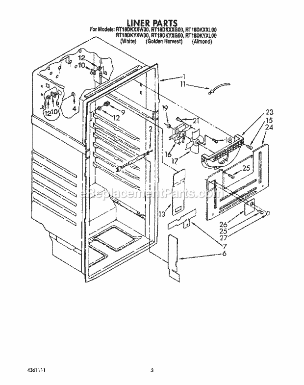 Roper RT18DKXXW00 Top Freezer Refrigerators* Liner Diagram