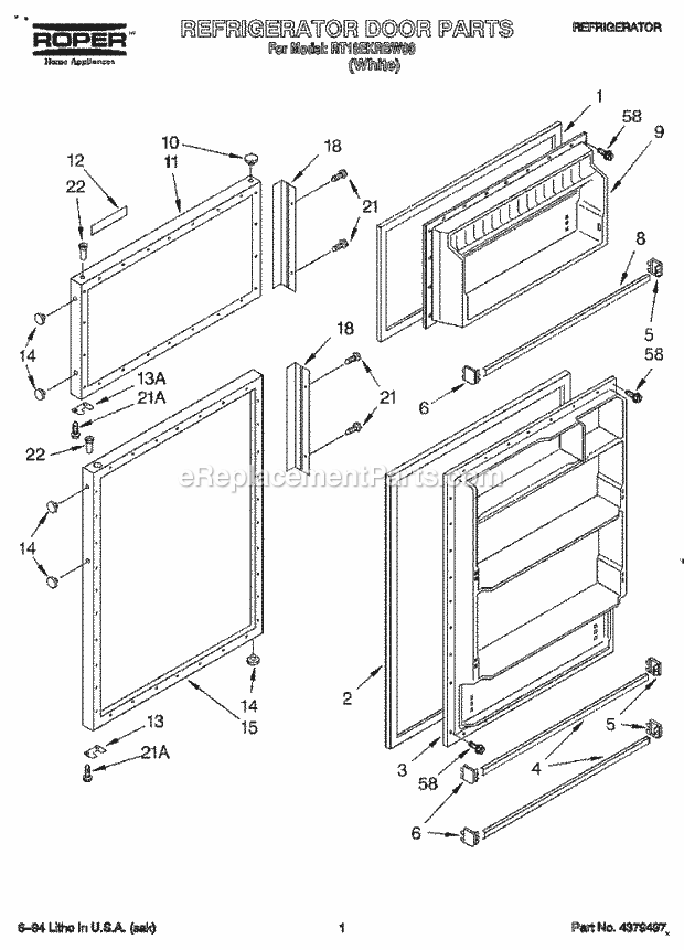 Roper RT18EKRBW00 Top Freezer Refrigerator Refrigerator Door Diagram