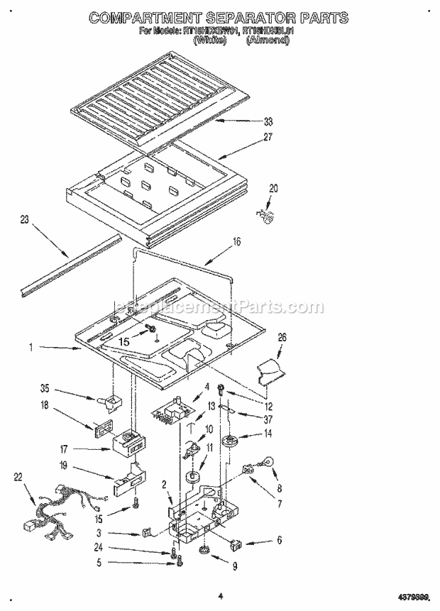 Roper RT18HDXBW01 Top Freezer Refrigerator Compartment Separator Diagram