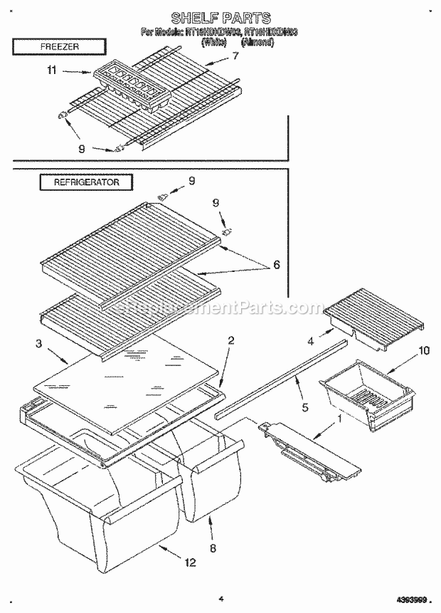 Roper RT18HDXDW03 Top Freezer Refrigerators Shelf Diagram