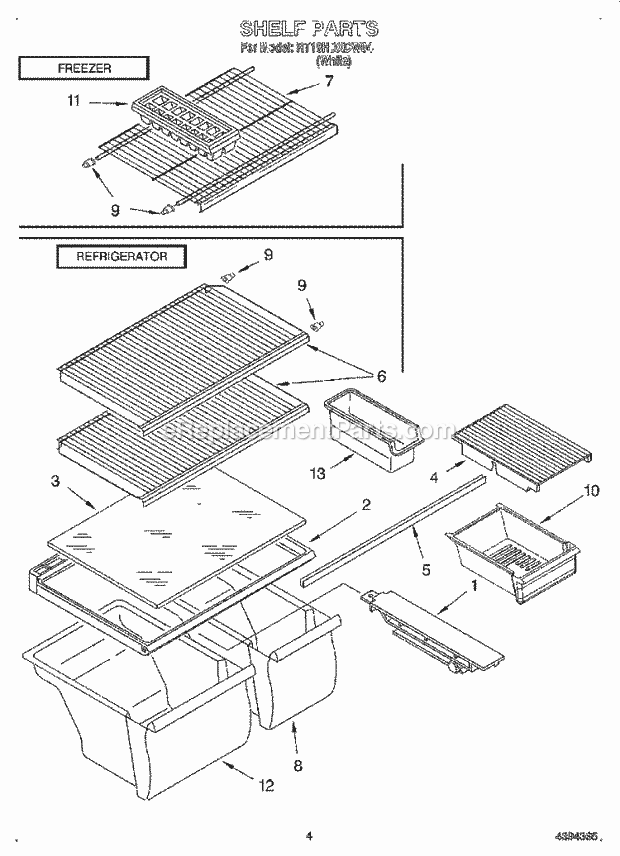 Roper RT18HDXDW04 Top Freezer Refrigerator Shelf Diagram