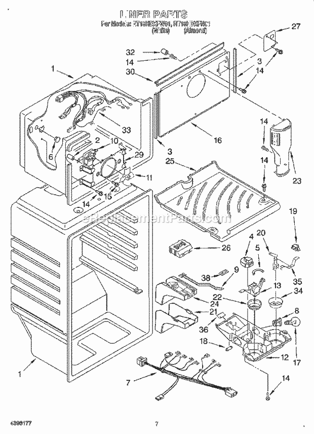 Roper RT18HDXFN01 Top Freezer Refrigerator Liner Diagram