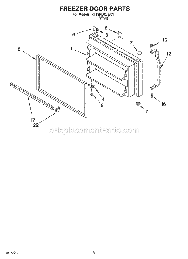 Roper RT18HDXJW01 Top Freezer Refrigerator Freezer Door Diagram