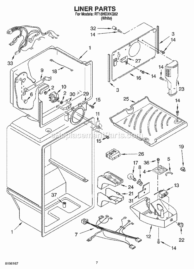 Roper RT18HDXKQ02 Top Freezer Top-Mount Refrigerator Liner Diagram