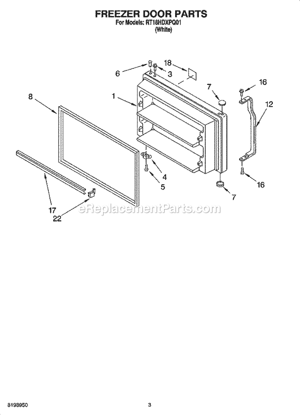 Roper RT18HDXPQ01 Top Freezer Top-Mount Refrigerator Freezer Door Parts Diagram