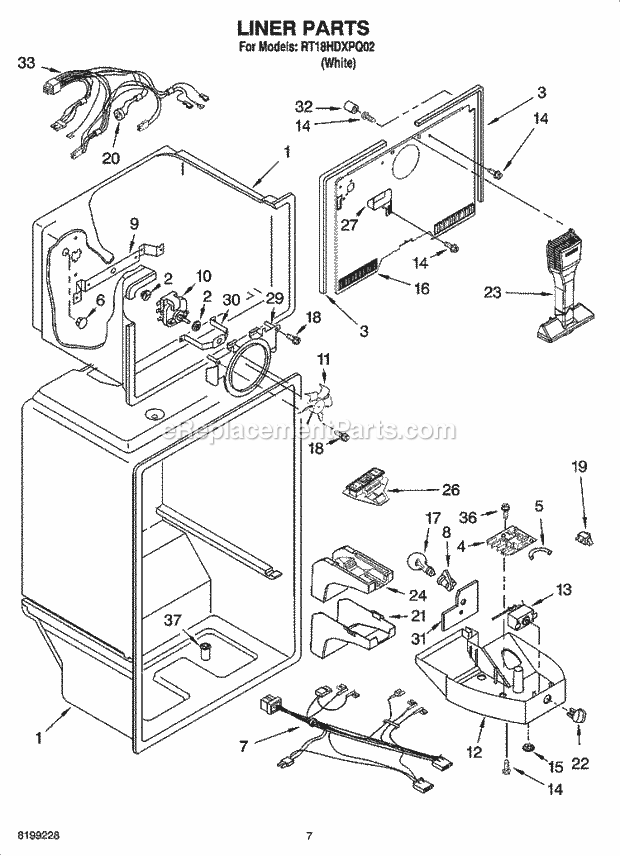 Roper RT18HDXPQ02 Top Freezer Top-Mount Refrigerator Liner Parts Diagram