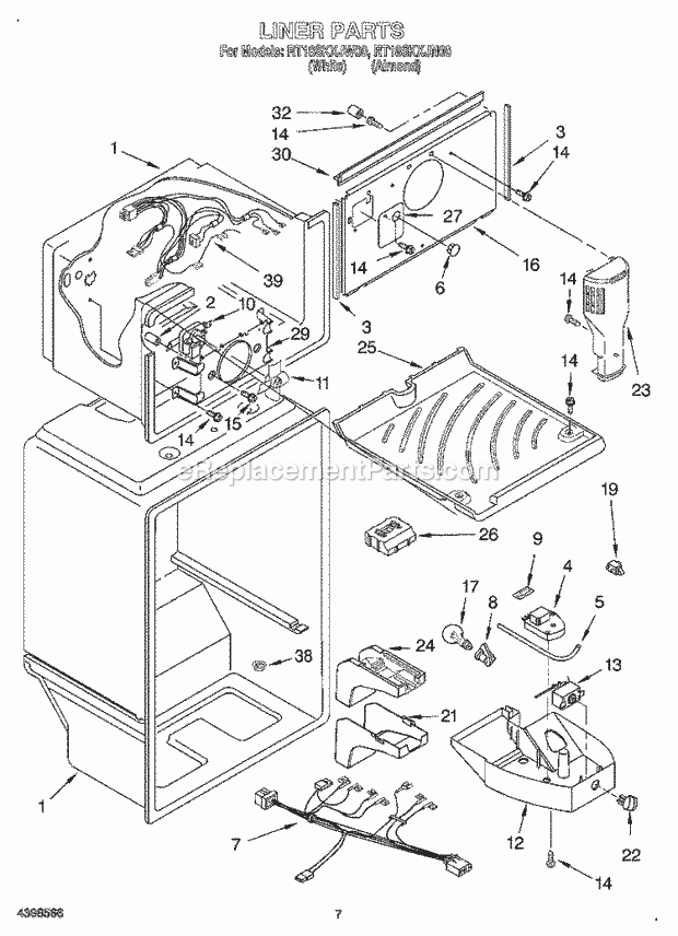 Roper RT18SKXJN00 Top Freezer Refrigerator Liner Diagram