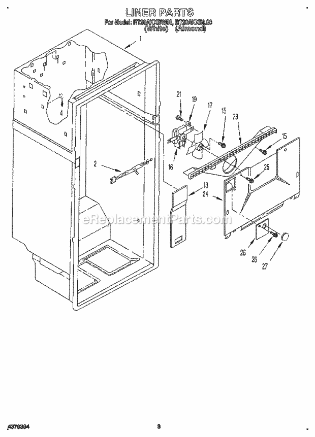 Roper RT20AKXBW00 Top Freezer Refrigerator Liner Diagram