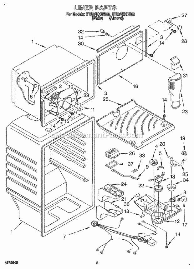 Roper RT20AKXDN00 Top Freezer Refrigerator Liner Diagram