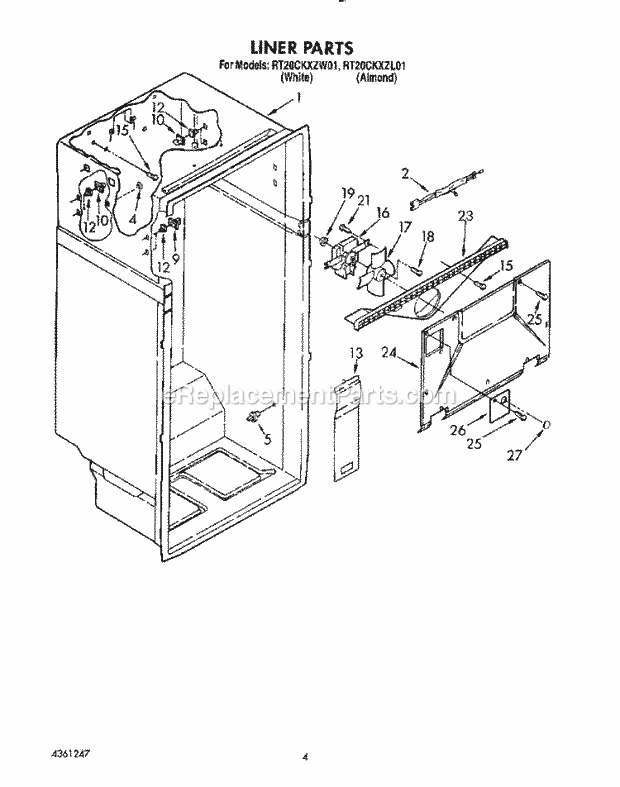 Roper RT20CKXZW01 Top Freezer Refrigerators* Liner Diagram