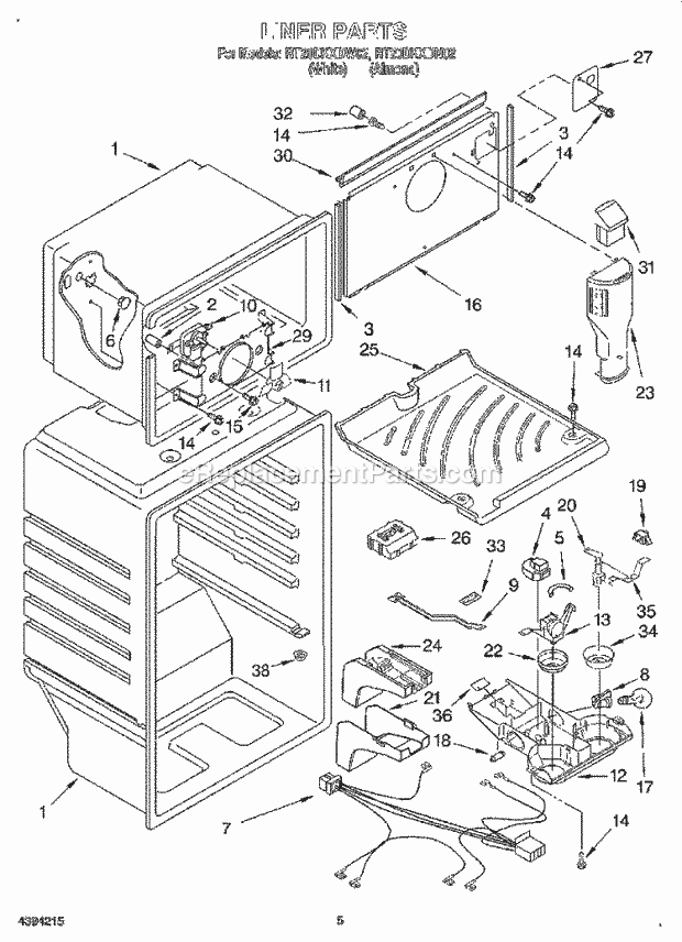 Roper RT20DKXDN02 Top Freezer Refrigerator Liner Diagram