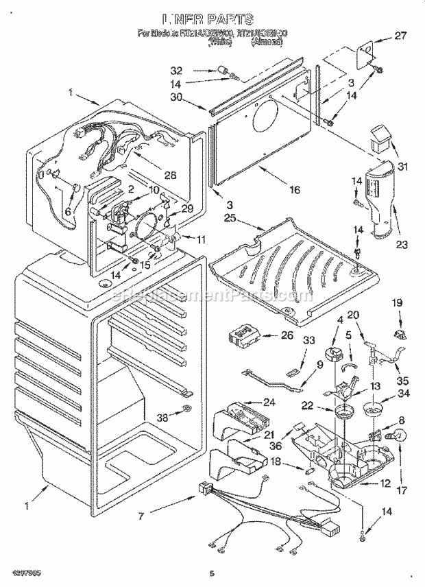 Roper RT21AKXGW00 Top Freezer Top-Mount Refrigerator Liner Diagram