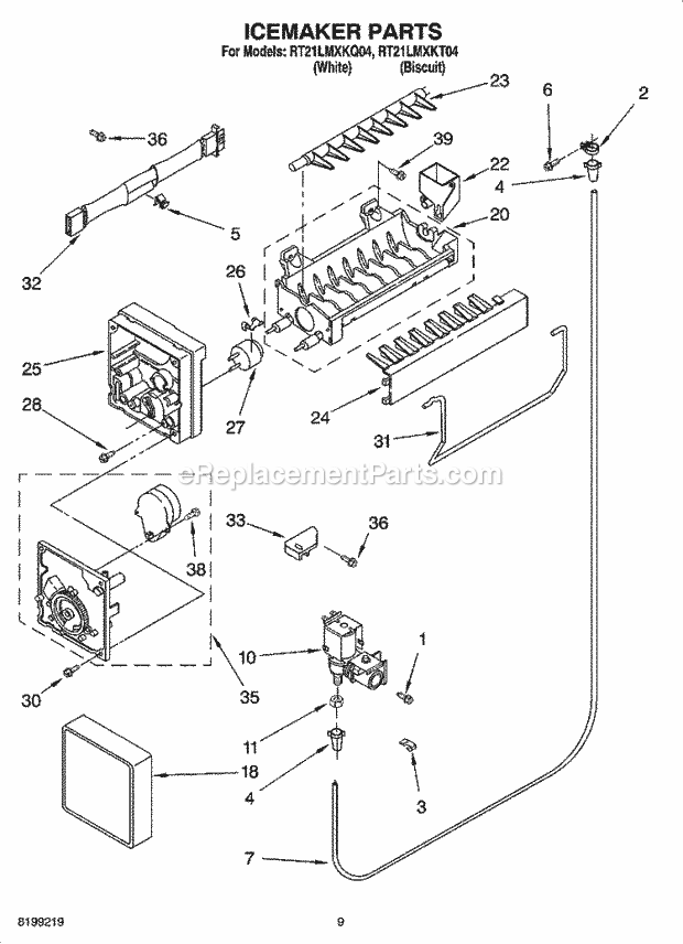 Roper RT21LMXKQ04 Top Freezer Top-Mount Refrigerator Icemaker Parts Diagram