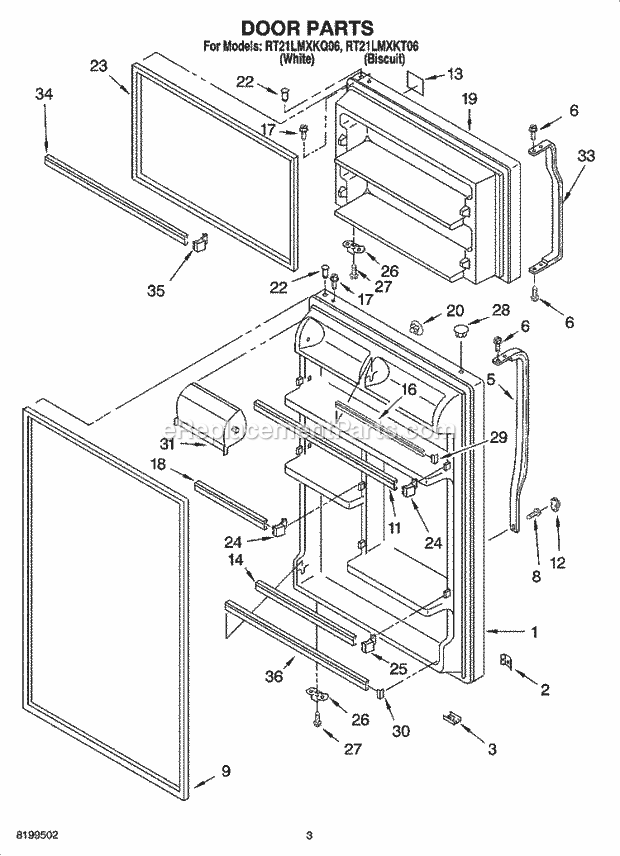 Roper RT21LMXKQ06 Top Freezer Top-Mount Refrigerator Door Parts Diagram