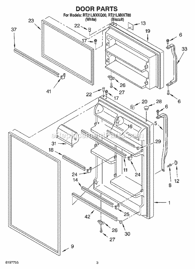 Roper RT21LMXKT00 Top Freezer Refrigerator Door Diagram