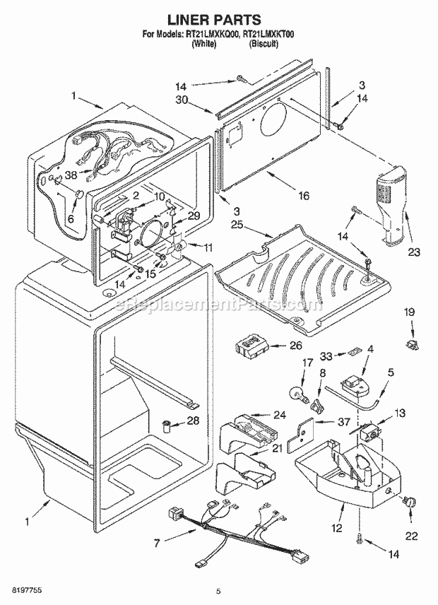 Roper RT21LMXKT00 Top Freezer Refrigerator Liner Diagram