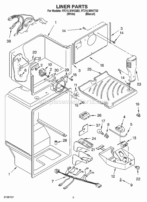 Roper RT21LMXKT02 Top Freezer Top-Mount Refrigerator Liner Diagram