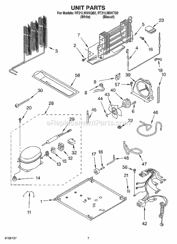 Roper RT21LMXKT02 Top Freezer Top-Mount Refrigerator Unit Diagram